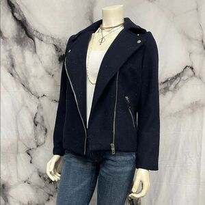* FRNCH Blue Leather Moto Jacket Asymmetrical Zipper *